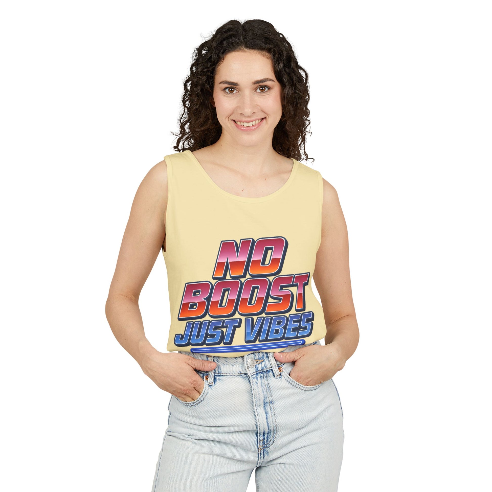 "No Boost, Just Vibes" - Vibrant Unisex Tank Top - Summer Apparel, Casual Wear, Pool Party, Beach Day, Gift for Friends