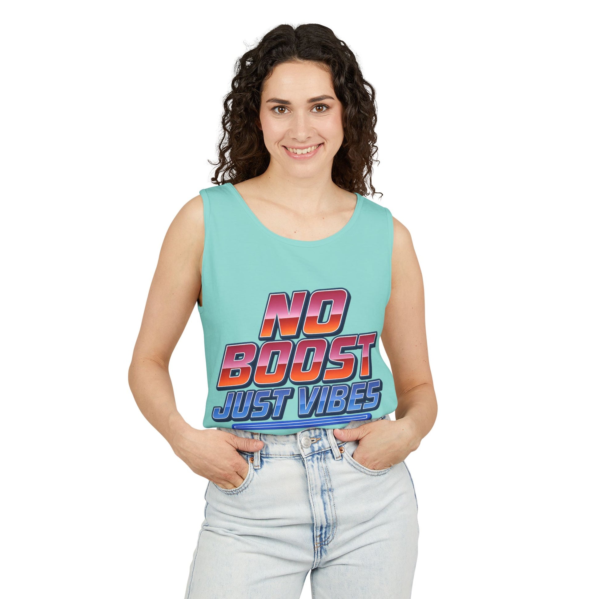 "No Boost, Just Vibes" - Vibrant Unisex Tank Top - Summer Apparel, Casual Wear, Pool Party, Beach Day, Gift for Friends