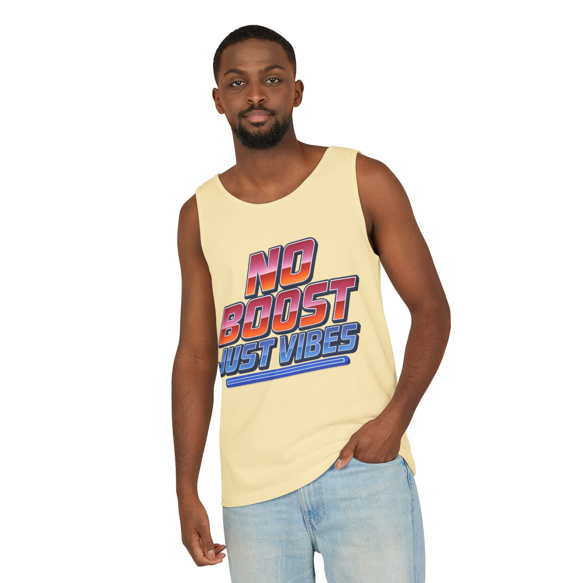 "No Boost, Just Vibes" - Vibrant Unisex Tank Top - Summer Apparel, Casual Wear, Pool Party, Beach Day, Gift for Friends