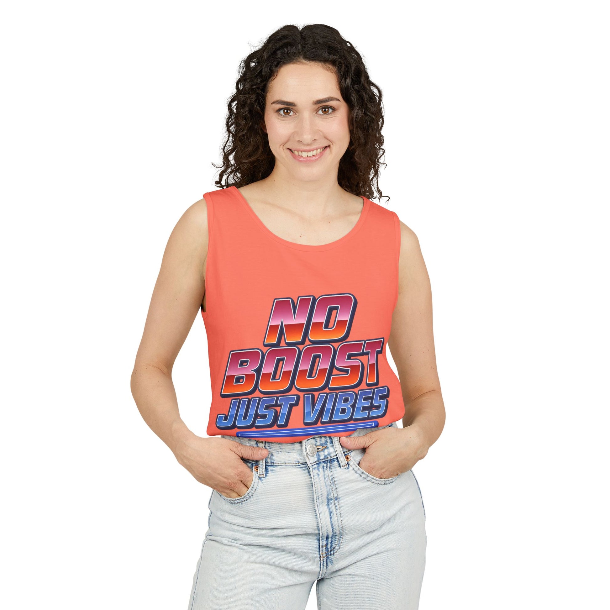 "No Boost, Just Vibes" - Vibrant Unisex Tank Top - Summer Apparel, Casual Wear, Pool Party, Beach Day, Gift for Friends