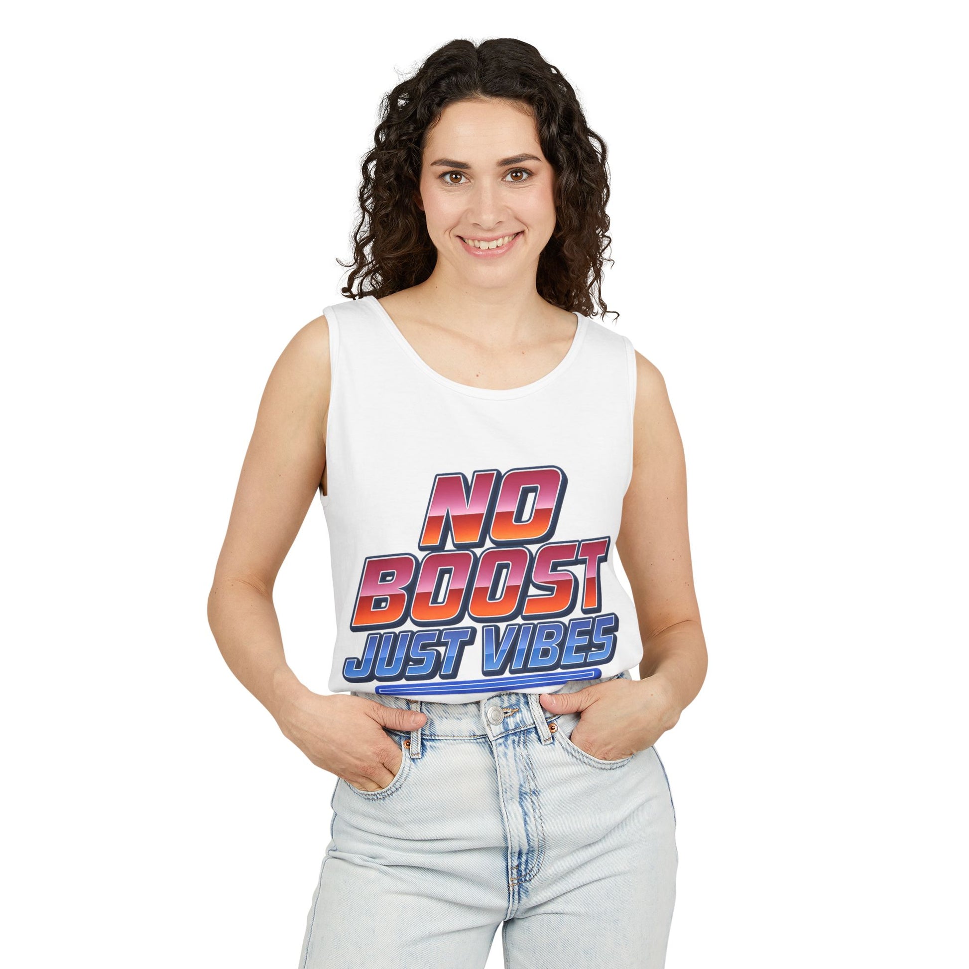 "No Boost, Just Vibes" - Vibrant Unisex Tank Top - Summer Apparel, Casual Wear, Pool Party, Beach Day, Gift for Friends