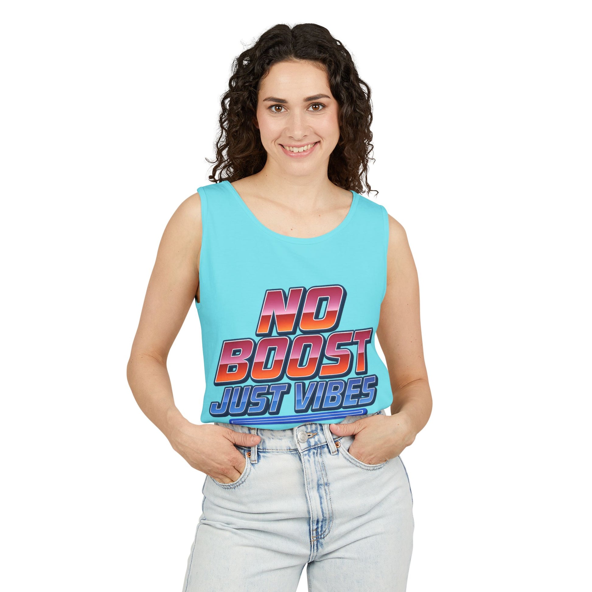 "No Boost, Just Vibes" - Vibrant Unisex Tank Top - Summer Apparel, Casual Wear, Pool Party, Beach Day, Gift for Friends