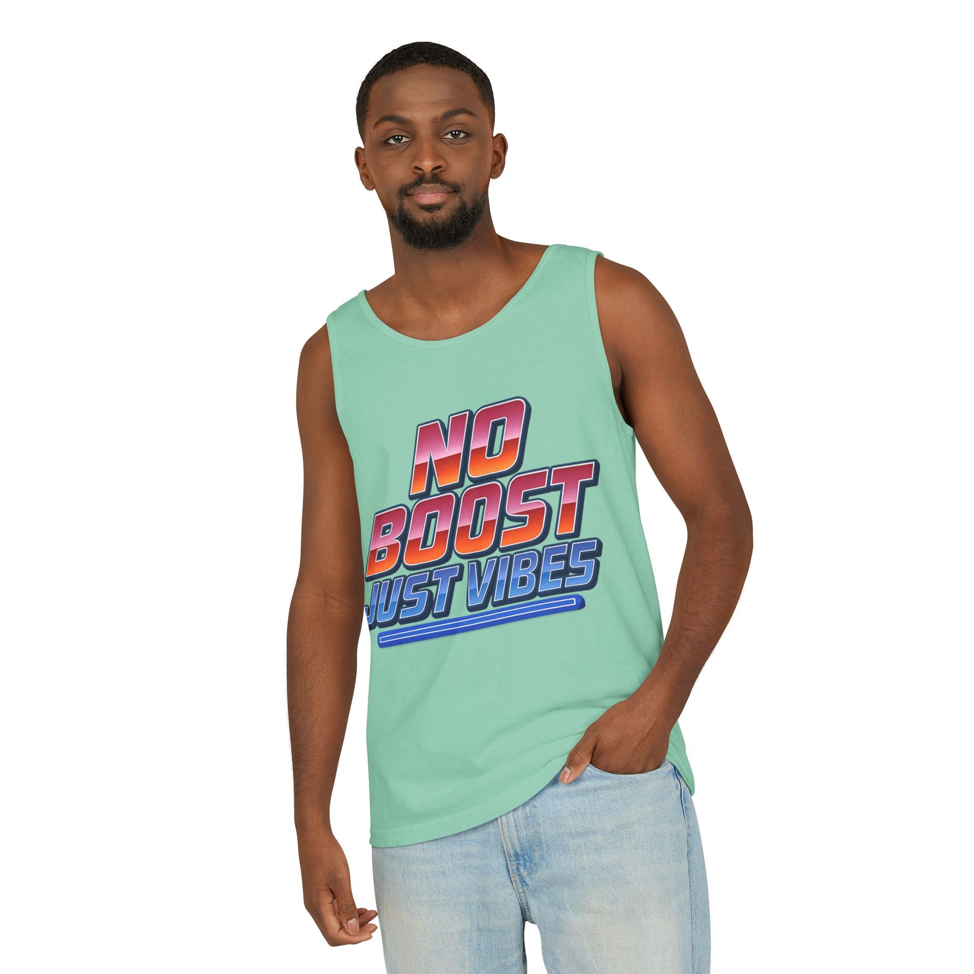 "No Boost, Just Vibes" - Vibrant Unisex Tank Top - Summer Apparel, Casual Wear, Pool Party, Beach Day, Gift for Friends