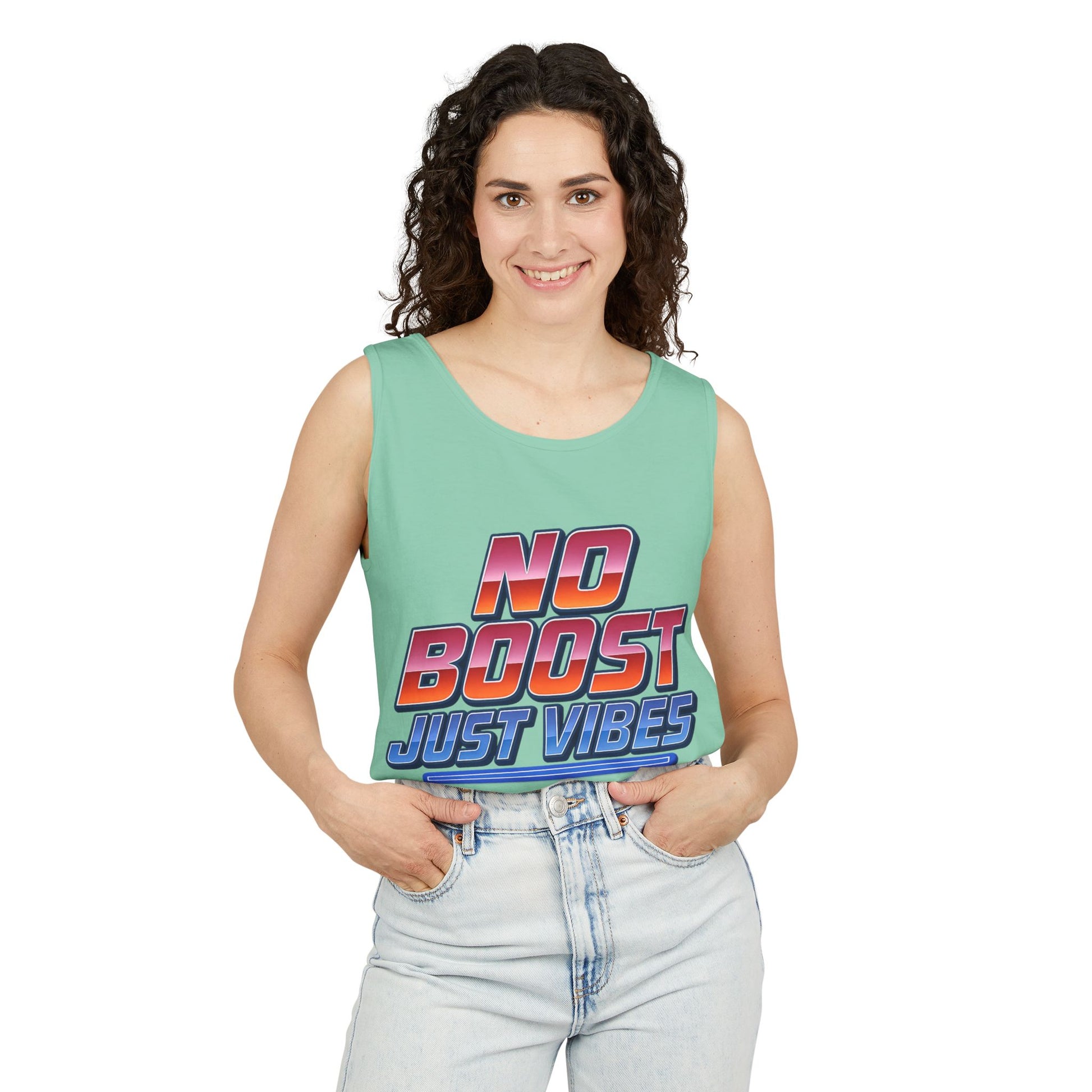 "No Boost, Just Vibes" - Vibrant Unisex Tank Top - Summer Apparel, Casual Wear, Pool Party, Beach Day, Gift for Friends