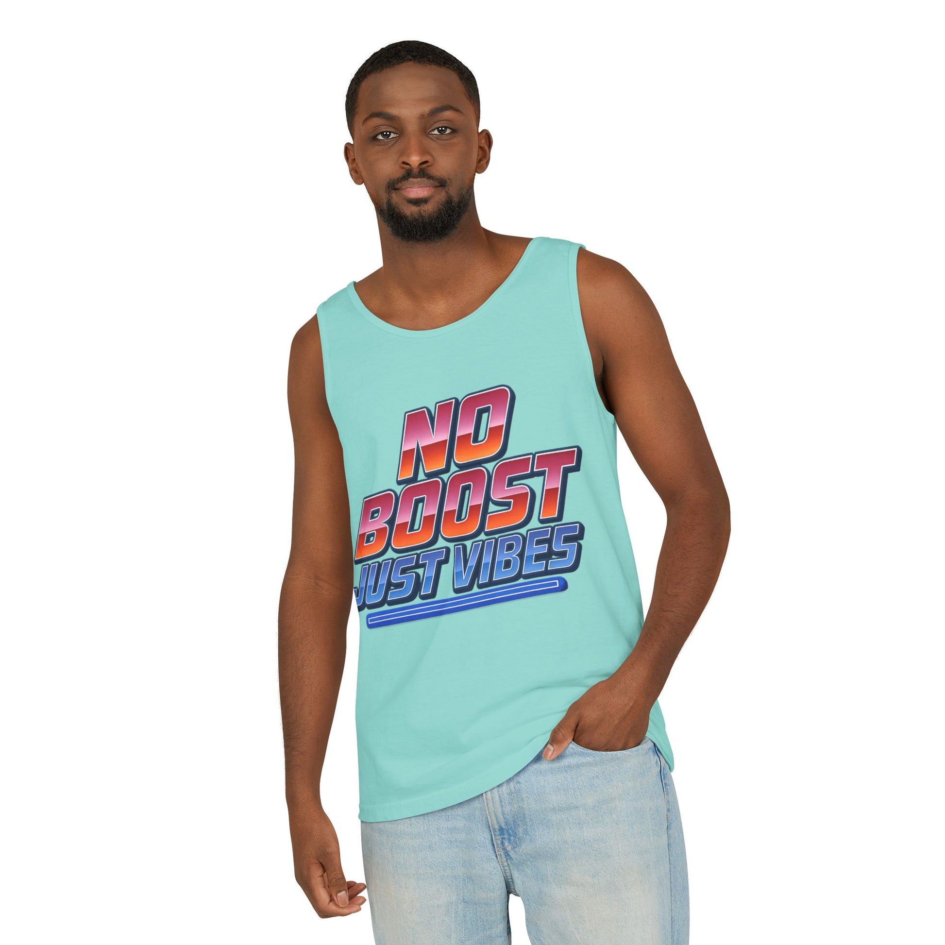 "No Boost, Just Vibes" - Vibrant Unisex Tank Top - Summer Apparel, Casual Wear, Pool Party, Beach Day, Gift for Friends