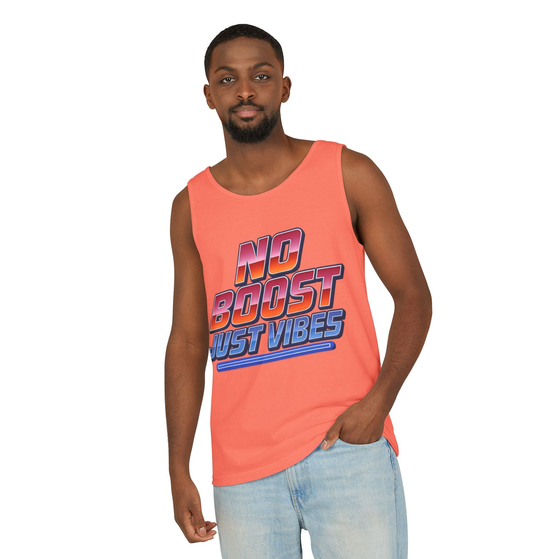 "No Boost, Just Vibes" - Vibrant Unisex Tank Top - Summer Apparel, Casual Wear, Pool Party, Beach Day, Gift for Friends